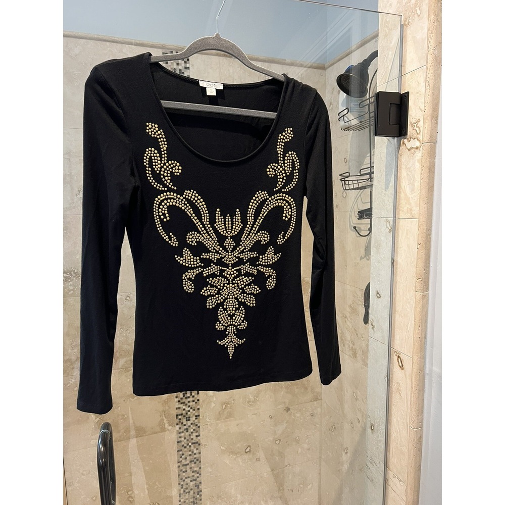 Cache Black Long Sleeve Heavily Studded Scoop Neck Blouse Top Sz S